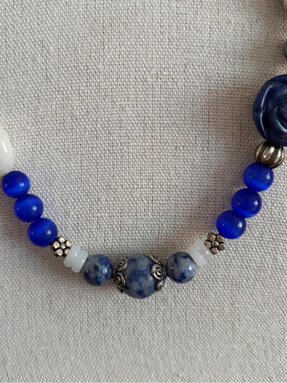 "Evening Roses"  Sodalite, Quartz, and Cats Eye Glass Artisan Necklace - Picture 4 of 6